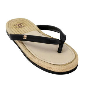 Chanel Raffia Leather Logo Slip On Platform Thong Sandals Beige Womens 38 / US 8